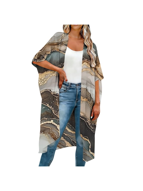 Kimonos for Women Floral Print Swimsuit Beach Cover Ups Lightweight Open Front Cardigan Summer Resort Wear White 9 3XL