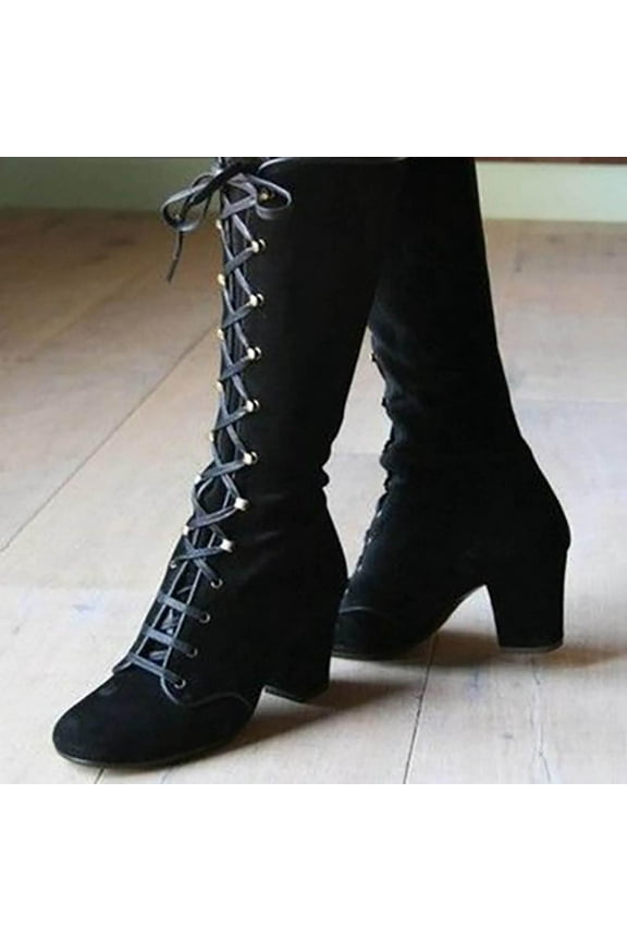 Knee High Boots for Women Pointed Toe Lace Up Tall Boots Chunky High Heel Long Boots Dress Fashion Boots Shoes Black 43