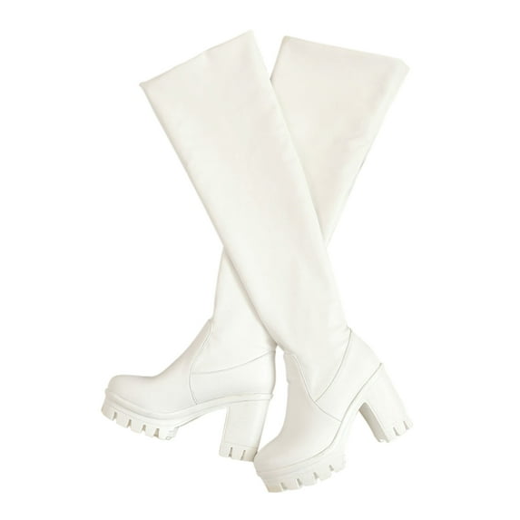 BLTIBY Knee High Boots for Women Pointed Toe Tall Boots Chunky High Heel Long Boots Dress Fashion Boots Shoes White 37