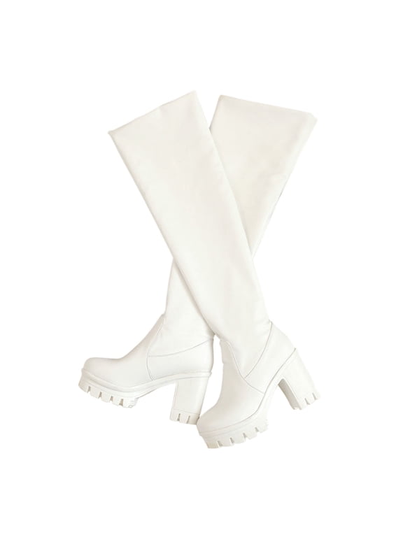 Knee High Boots for Women Pointed Toe Tall Boots Chunky High Heel Long Boots Dress Fashion Boots Shoes White 38