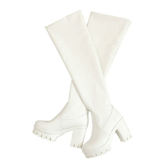 BLTIBY Knee High Boots for Women Pointed Toe Tall Boots Chunky High Heel Long Boots Dress Fashion Boots Shoes White 43