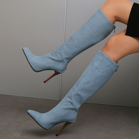 BLTIBY Knee High Boots for Women Pointed Toe Tall Boots Stiletto High Heel Long Boots Dress Fashion Boots Shoes Blue 44