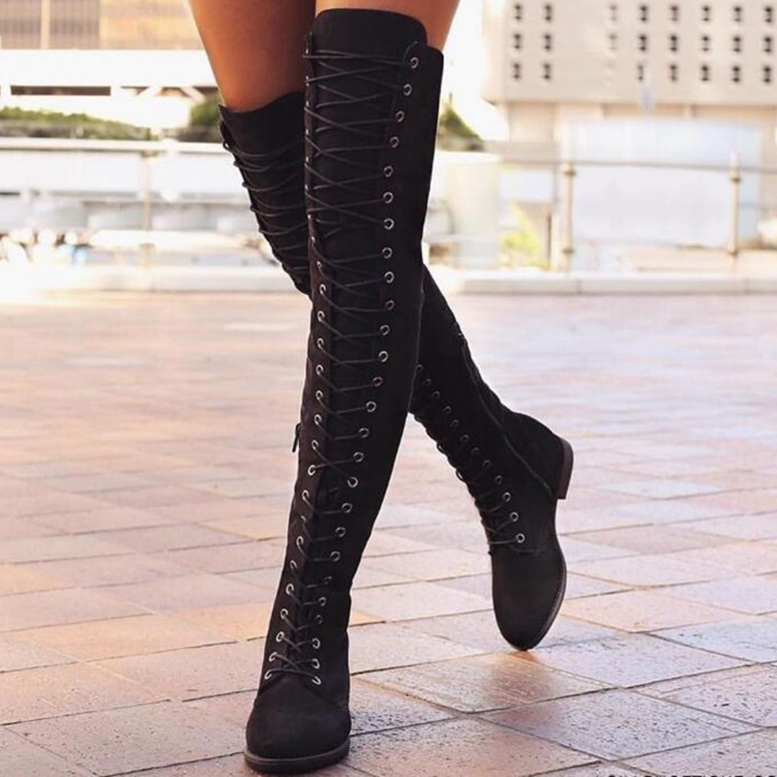 BLTIBY Knee High Boots for Women Round Toe Lace Up Tall Boots