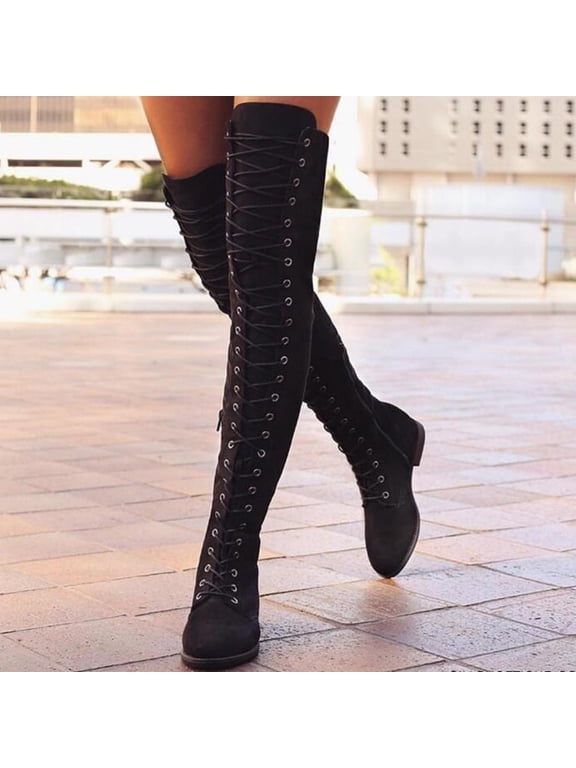 Knee High Boots for Women Round Toe Lace Up Tall Boots Stiletto High Heel Long Boots Dress Fashion Boots Shoes Black 42