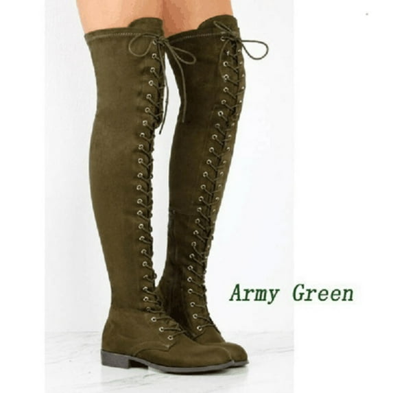BLTIBY Knee High Boots for Women Round Toe Lace Up Tall Boots Stiletto High Heel Long Boots Dress Fashion Boots Shoes Green 37