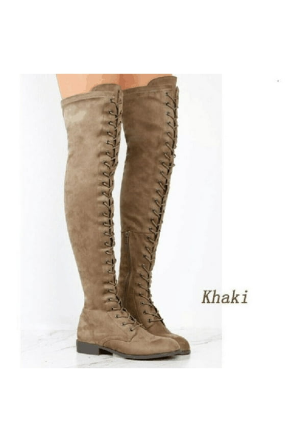 Knee High Boots for Women Round Toe Lace Up Tall Boots Stiletto High Heel Long Boots Dress Fashion Boots Shoes Khaki 36