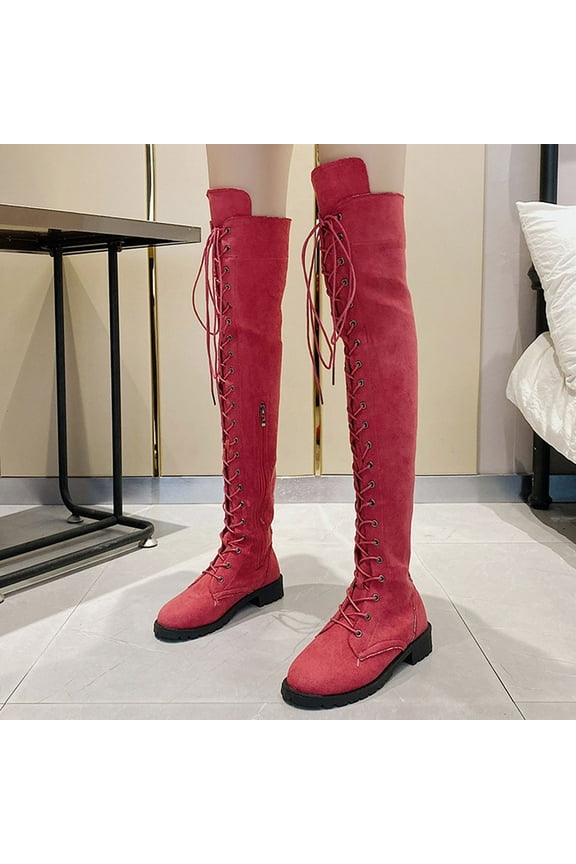 Knee High Boots for Women Round Toe Lace Up Tall Boots Stiletto High Heel Long Boots Dress Fashion Boots Shoes Red 35