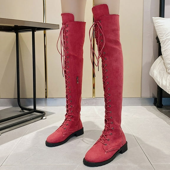 BLTIBY Knee High Boots for Women Round Toe Lace Up Tall Boots Stiletto High Heel Long Boots Dress Fashion Boots Shoes Red 40