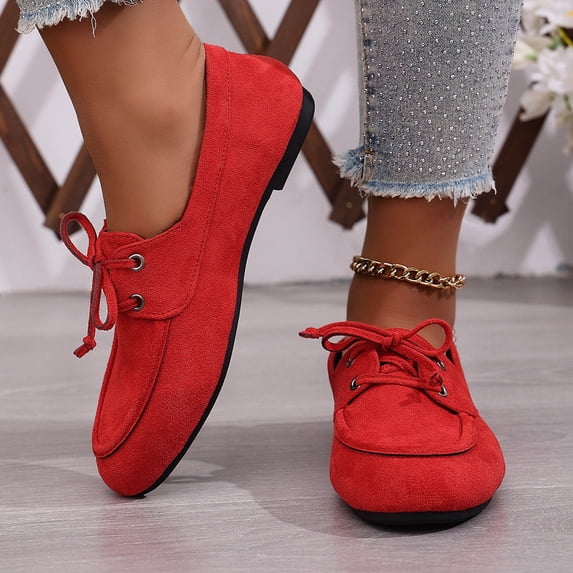 BLTIBY Ladies Lace-Up Soft-Soled Loafers with Low Heel Comfortable Shoes for Spring Red 36