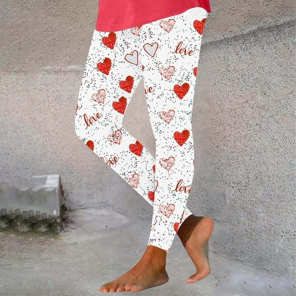 BLTIBY Leggings for Women Valentine's Day High Waisted Full Length Love Heart Graphic Workout Yoga Pants Spring Fashion 2025 White L