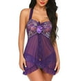 thumbnail image 1 of BLTIBY Lingerie Sleepwear for Women Lace Babydoll Halter Teddy Pajamas Nightdress Strap Mesh Chemise Transparent Dress Purple XL, 1 of 7