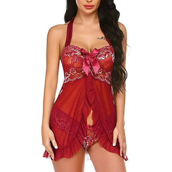 BLTIBY Lingerie Sleepwear for Women Lace Babydoll Halter Teddy Pajamas Nightdress Strap Mesh Chemise Transparent Dress Red M