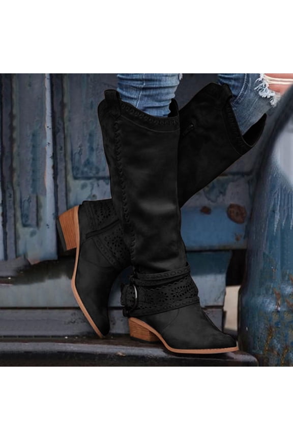Long Boots for Women Pointed Toe Fall Faux Leather Low Heel Boots Fashion Comfortable Shoes with Side Zipper 2025 Black 37
