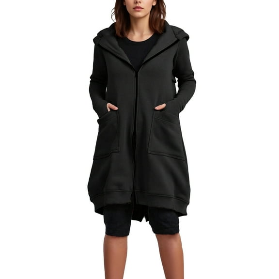 BLTIBY Long Hoodies Sweatshirt Jacket for Women Zip Up Double Zipper Warm Back Panel Outerwear Trendy Winter Thumb Hole Jackets with Pockets Black L