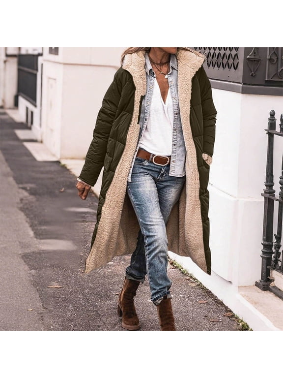 Long Puffer Jacket for Women Hooded Winter Reversible Zip Up Padded Down Jackets Thicken Warm Shearling Fleece Long Coats Parka with Pockets Coffee XL
