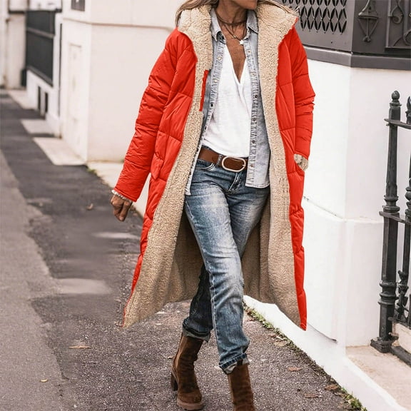 BLTIBY Long Puffer Jacket for Women Hooded Winter Reversible Zip Up Padded Down Jackets Thicken Warm Shearling Fleece Long Coats Parka with Pockets Orange L