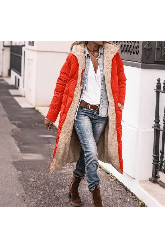 Long Puffer Jacket for Women Hooded Winter Reversible Zip Up Padded Down Jackets Thicken Warm Shearling Fleece Long Coats Parka with Pockets Orange XL