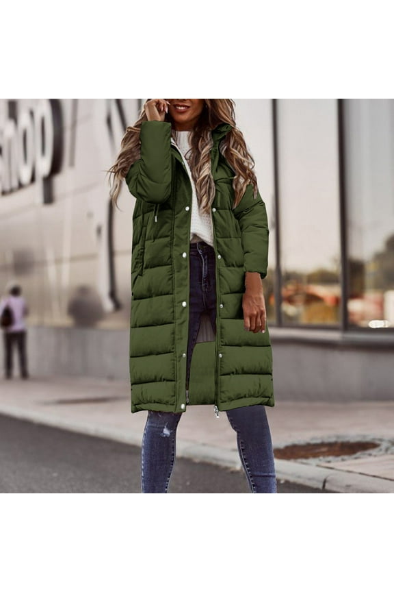 Long Puffer Jacket for Women Quilted Hooded Button Down Zip Up Long Sleeve Outerwear Padded Solid Colour Winter Coat 2024 Army Green 4XL