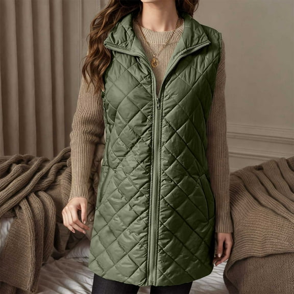 BLTIBY Long Puffer Vest for Women Fall Winter Diamond Quilted Sleeveless Lapel Warm Jackets with Pockets Zip Up Puffy Coat Fashion Outerwear Green M