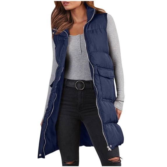 BLTIBY Long Puffer Vest for Women Fall Winter Quilted Sleeveless Stand Collar Warm Jackets Zip Up Puffy Coat Fashion Outerwear with Pockets Navy S