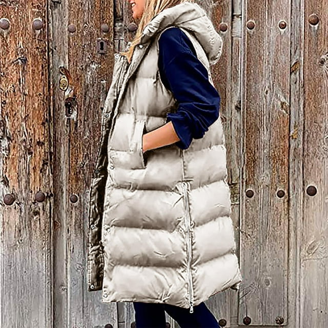 BLTIBY Long Puffer Vest for Women Quilted Hooded Button Down Zip Up Sleeveless Vests Outerwear