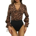 thumbnail image 1 of BLTIBY Long Sleeve Bodysuit for Women Leopard Printed Thong Jumpsuit Tummy Control Seamless Shapewear V Neck Fashion Bodysuits Khaki XL, 1 of 9