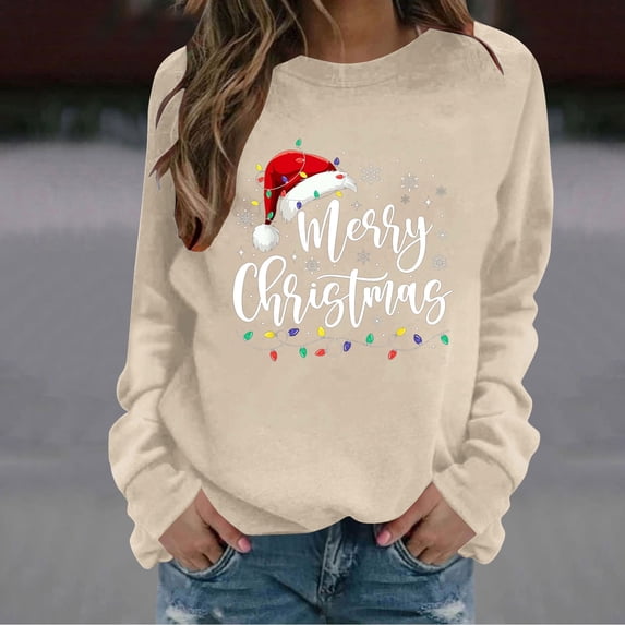 BLTIBY Long Sleeve Christmas Tops for Women Dressy Pullover Round Neck Shirt Xmas Graphic Sweatshirts Blouse Comfortable Fashion Khaki L
