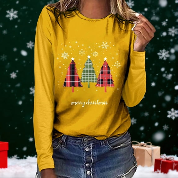 BLTIBY Long Sleeve Christmas Tops for Women Dressy Pullover Round Neck Shirts Xmas Printed Blouse Comfort Fashion Yellow S