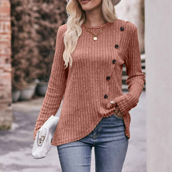 BLTIBY Long Sleeve Shirts for Women Knit Round Neck Button Dressy Solid Color Sweater Blouse Autumn Lightweight Casual Tunic Tops Coffee XL