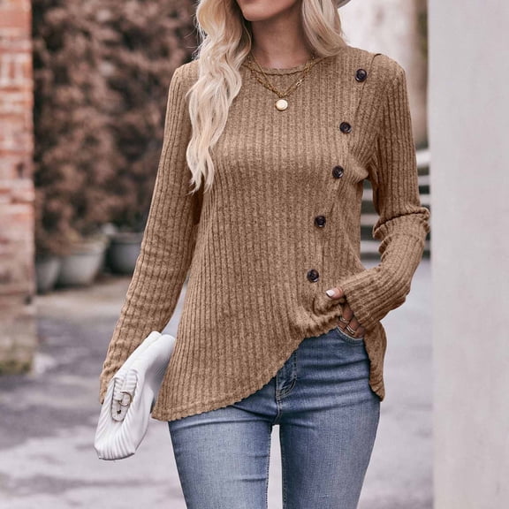BLTIBY Long Sleeve Shirts for Women Knit Round Neck Button Dressy Solid Color Sweater Blouse Autumn Lightweight Casual Tunic Tops Khaki S