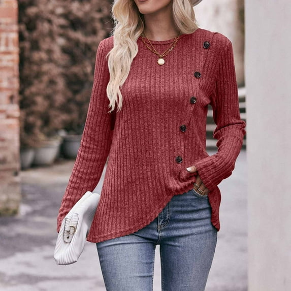 BLTIBY Long Sleeve Shirts for Women Knit Round Neck Button Dressy Solid Color Sweater Blouse Autumn Lightweight Casual Tunic Tops Red XL