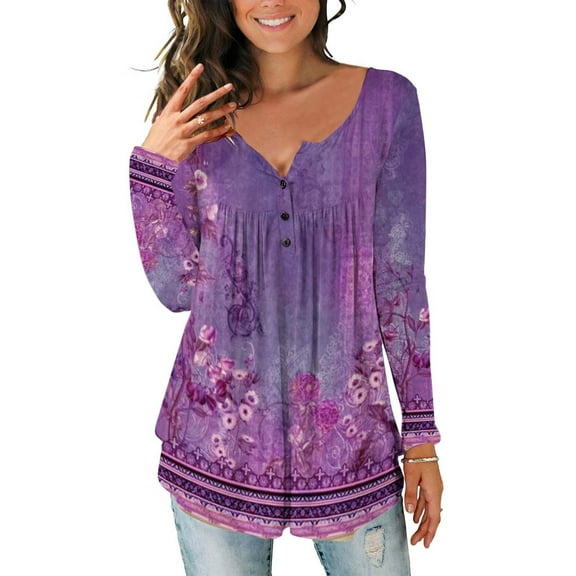 BLTIBY Long Sleeve Shirts for Women Printed V Neck Button Pleated Tops Casual Fashion Lightweight Pullover Blouse Purple L
