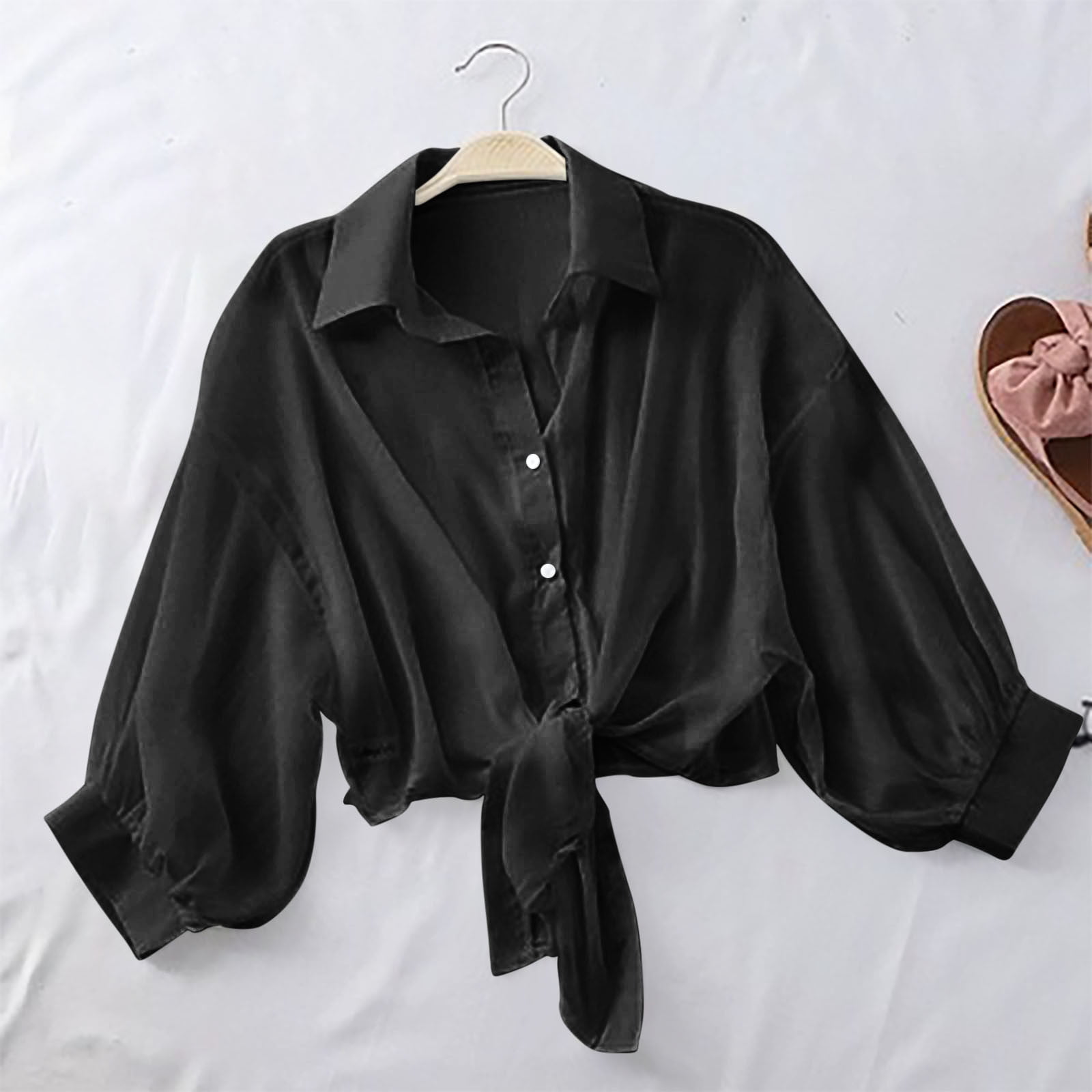 BLTIBY Long Sleeve Shirts for Women Solid Color Lapel Button Top ...