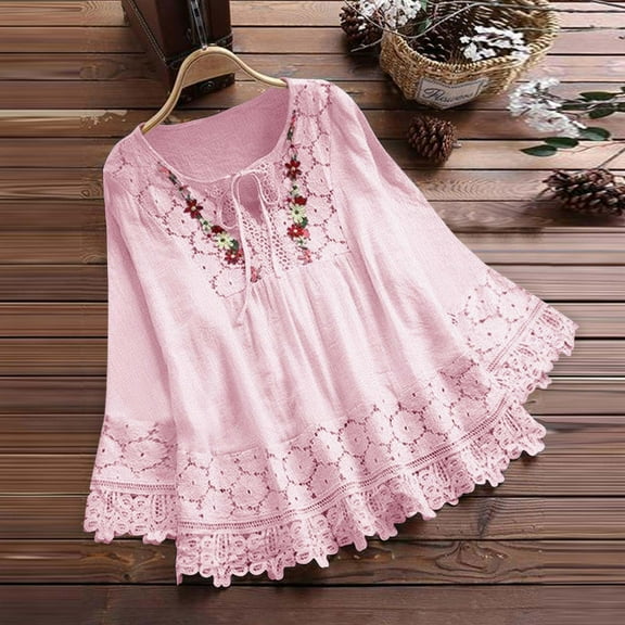 BLTIBY Long Sleeve Shirts for Women Solid Color V Neck Drawstring Lace Tops Fashion Casual Comfy Lightweight Blouse Pink XXL