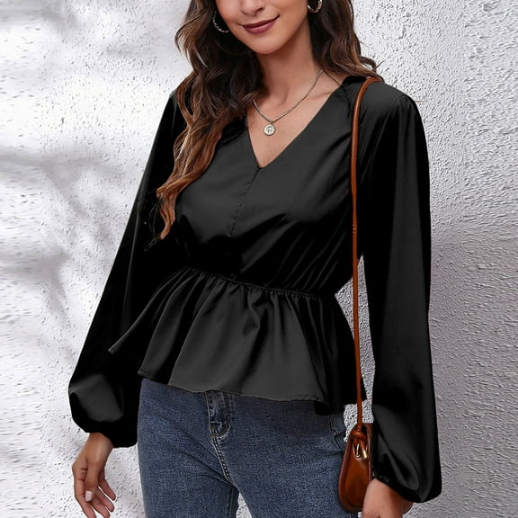BLTIBY Long Sleeve Shirts for Women Solid Color V Neck Waist Lantern Sleeve Top Casual Fashion Comfy Lightweight Pullover Blouse Black L