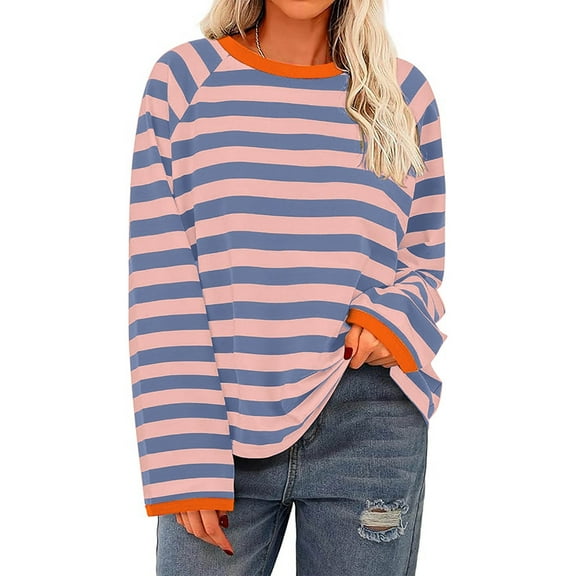 BLTIBY Long Sleeve Shirts for Women Striped Printed Round Neck Tops Fashion Casual Pullover Lightweight Blouse Pink S