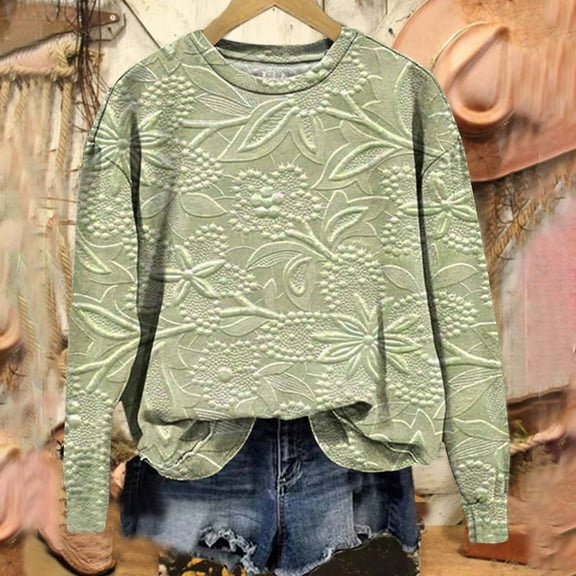BLTIBY Long Sleeve Sweatshirts for Women Printed Round Neck Shirts Casual Fashion Lightweight Pullover Blouse Tops Green S