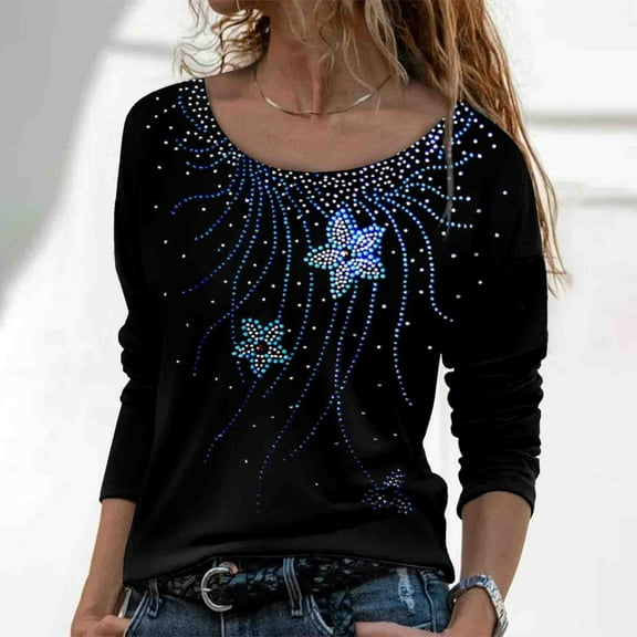 BLTIBY Long Sleeve Top for Women Printed Round Neck Shirts Fashion Loose Casual Lightweight Pullover Blouse Black S