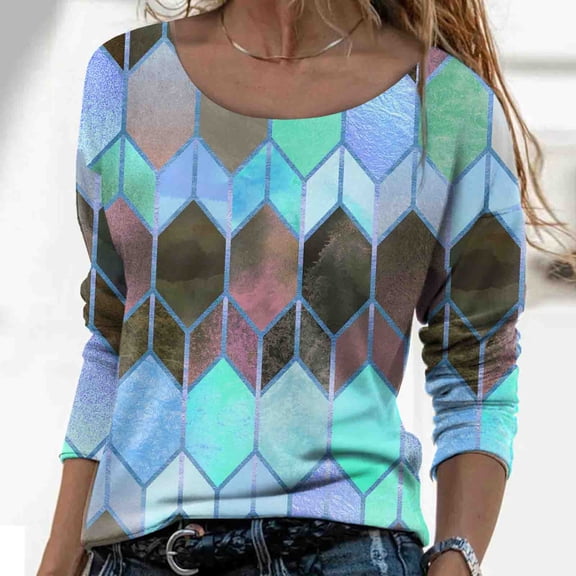 BLTIBY Long Sleeve Top for Women Printed Round Neck Shirts Fashion Loose Casual Lightweight Pullover Blouse Blue XXL