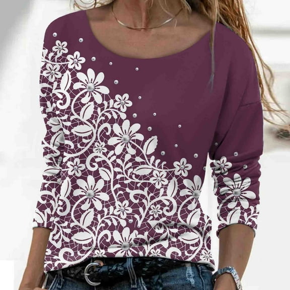 BLTIBY Long Sleeve Top for Women Printed Round Neck Shirts Fashion Loose Casual Lightweight Pullover Blouse Wine XXL