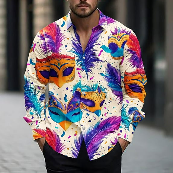 BLTIBY Mardi Gras Shirts for Men Button Up Lapel Long Sleeve Carnival Printed Blouse Fashion Lightweight Casual Tops Multicolor 5 L