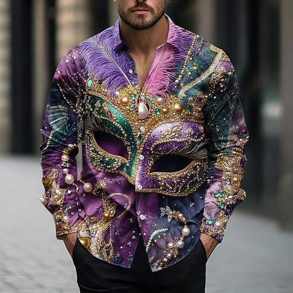 BLTIBY Mardi Gras Shirts for Men Button Up Lapel Long Sleeve Carnival Printed Blouse Fashion Lightweight Casual Tops Multicolor M