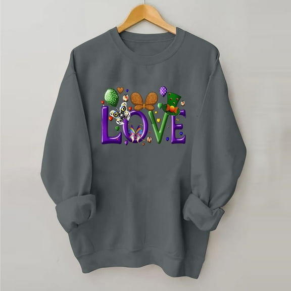 BLTIBY Mardi Gras Sweatshirts for Women Carnival Print Crew Neck Long Sleeve Loose Soft Comfy Fashion Pullover Tops 2025 Dark Gray M