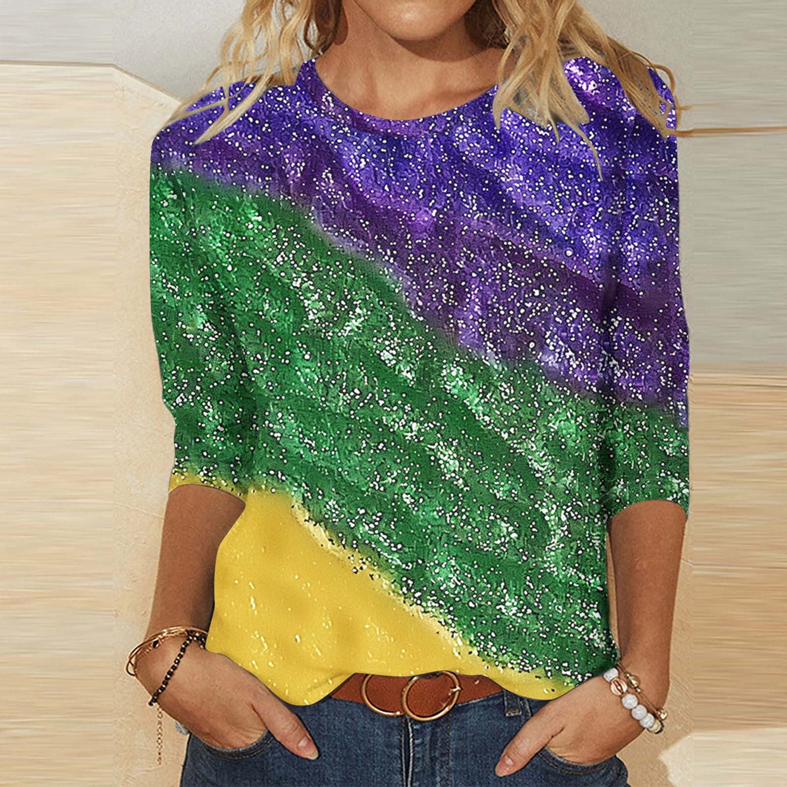 SO ME Mardi Gras Loose Fit V Neck Stripe Sweater Top