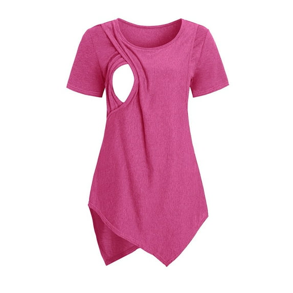 BLTIBY Maternity Pregnant Breastfeeding Tops for Women Womens Short Sleeve Nursing Solid Color Clothes Breastfeeding Blouse Shirts Red L
