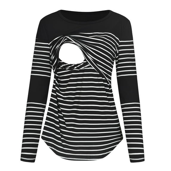 BLTIBY Maternity Pregnant Breastfeeding Tops for Women Womens Short Sleeve Striped Nursing Clothes Breastfeeding Blouse Shirts Black L