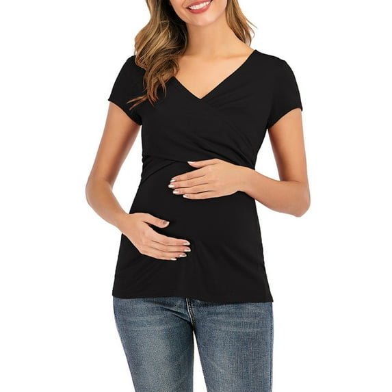 BLTIBY Maternity Pregnant Breastfeeding Tops for Women Womens Short Sleeve V Neck Nursing Solid Color Clothes Breastfeeding Blouse Shirts Black M