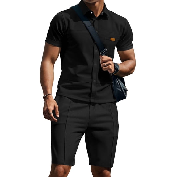 BLTIBY Men Summer Sets Outfits 2 Piece Waffle Button down Lapel Shirts and Shorts Tracksuits Soft Resort Wear Black S