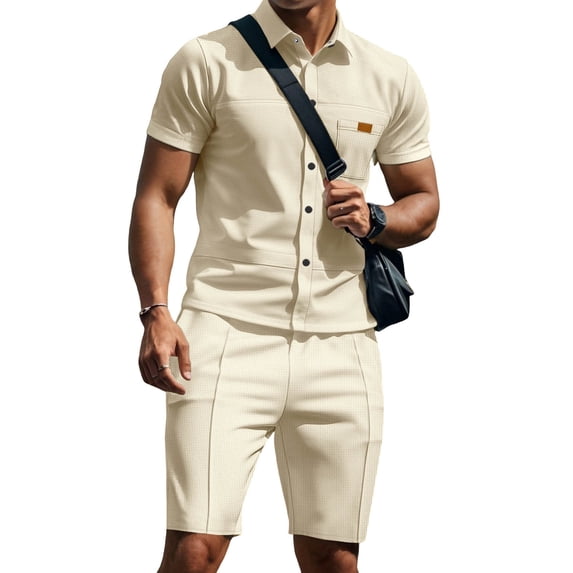 BLTIBY Men Summer Sets Outfits 2 Piece Waffle Button down Lapel Shirts and Shorts Tracksuits Soft Resort Wear Khaki M