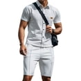 thumbnail image 1 of BLTIBY Men Summer Sets Outfits 2 Piece Waffle Button down Lapel Shirts and Shorts Tracksuits Soft Resort Wear White L, 1 of 7
